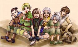  2girls 4boys aji3 bad_id bad_pixiv_id blonde_hair boots dark_skin elf facial_mark forehead_mark gensou_suikoden gensou_suikoden_iv green_eyes grey_hair headband jewel_(suikoden) keneth_(suikoden) kneeling laughing lazlo_(suikoden) multiple_boys multiple_girls open_mouth paula_(suikoden) pointy_ears short_hair sitting smile snowe_vingerhut sweatdrop tal_(suikoden) thighhighs white_hair 