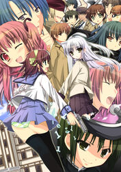  5girls angel_beats! bad_id bad_pixiv_id bandana binary black_hair black_thighhighs blonde_hair blue_hair blush brown_eyes brown_hair closed_eyes covering_own_eyes everyone fujimaki_(angel_beats!) glasses green_eyes green_hair green_panties gun hairband halberd hat hinata_hideki iwasawa_masami long_hair looking_back microphone multiple_girls nakamura_yuri naoi_ayato necktie noda_(angel_beats!) one_eye_closed ooyama_(angel_beats!) open_mouth orange_hair otonashi_yuzuru panties pantyshot pink_eyes pink_hair polearm purple_eyes purple_hair school_uniform serafuku shiina_(angel_beats!) shirasaya short_hair striped_clothes striped_panties tachibana_kanade takamatsu_(angel_beats!) takeyama_(angel_beats!) thighhighs tk_(angel_beats!) two_side_up underwear very_long_hair weapon white_hair yellow_eyes yu_yu yui_(angel_beats!) 