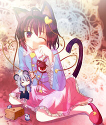  2girls animal_ears cat_ears cat_tail cheese colorized commentary_request eyeball food grey_hair hairband heart highres komeiji_satori mouse_(animal) mouse_ears mouse_tail multiple_girls murasin nazrin one_eye_closed photoshop_(medium) purple_eyes purple_hair short_hair tail third_eye touhou yuuma_(noel) 