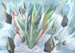  bad_id bad_pixiv_id explosion kunno monster monster_hunter_(series) no_humans parody pokemon pokemon_(creature) red_eyes rock spikes tyranitar ukanlos 