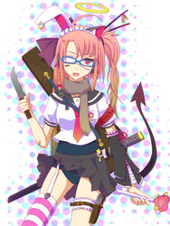  ahoge angel animal_ears arm_garter armband asymmetrical_bangs asymmetrical_clothes asymmetrical_legwear bandaid blue-framed_eyewear bow braid bridal_garter cat_ears chopsticks commentary_request demon_girl demon_tail detached_sleeves earrings eyepatch facial_mark fangs female frills garter_straps glasses gradient_hair guitar_case gun hair_ornament hairbow hairpin halo headphones heart holding holster instrument instrument_case jewelry katana knife koumei_(harmonizer) long_hair maid_headdress moe_(phrase) mole mole_under_eye multicolored_hair name_tag one-piece_swimsuit one_side_up open_mouth original photoshop_(medium) pink_hair polka_dot polka_dot_background rabbit_ears red_eyes red_hair ribbon scarf school_swimsuit school_uniform serafuku sheath sheathed side_braid single_thighhigh solo standing striped_clothes striped_thighhighs swimsuit swimsuit_under_clothes sword tail thigh_holster thighhighs traditional_halo translated ultimate_moe ume_(koumei) uneven_legwear upskirt wand weapon wind wind_lift 