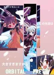  3girls black_dress black_thighhighs blue_eyes blue_hair blush brown_eyes commentary_request dress earth_(planet) hayabusa_(spacecraft) hekaton long_hair long_sleeves mecha_musume multiple_girls orbital_pretty original orihime_(spacecraft) personification planet purple_hair red_eyes selene_(spacecraft) silver_hair space spacecraft tears thighhighs twintails yellow_dress 