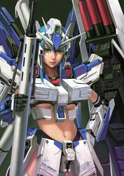  armor blue_hair breasts char&#039;s_counterattack char&#039;s_counterattack_-_beltorchika&#039;s_children commentary_request crop_top female green_eyes gundam helmet hi-nu_gundam hi-nu_gundam_hws humanization large_breasts lips long_hair mecha mecha_musume midriff navel photoshop_(medium) robot solo underboob weapon zhenlin 