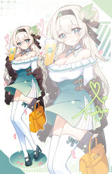  apple_caramel aqua_dress bag bare_shoulders black_footwear black_hair black_jacket blue_eyes blush breasts character_name cleavage collar commentary cup detached_collar dress english_commentary english_text female firefly_(honkai:_star_rail) full_body grey_hair hair_between_eyes heart highres holding holding_bag holding_cup honkai:_star_rail honkai_(series) jacket long_hair long_sleeves looking_at_viewer medium_breasts off-shoulder_dress off_shoulder open_clothes open_jacket smile thighhighs very_long_hair white_collar white_thighhighs zettai_ryouiki zoom_layer 