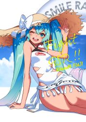  ;d aqua_eyes aqua_hair arm_support bow bracelet breasts brown_hat clothing_cutout commentary_request crossed_bangs female goodsmile_racing hair_between_eyes hat hat_bow hatsune_miku highres jewelry long_hair looking_at_viewer mogumo one-piece_swimsuit one_eye_closed open_mouth racing_miku racing_miku_(2024) sitting small_breasts smile solo straw_hat swimsuit teeth thighs twintails upper_teeth_only vocaloid white_bow white_one-piece_swimsuit 