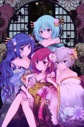  4girls ahoge bad_id bad_twitter_id bare_shoulders blue_eyes blue_hair blue_kimono breasts chiwa_(chiwawanwan1206) chun_meiyui cleavage closed_mouth commentary_request double_bun floral_background floral_print floral_print_kimono flower green_eyes green_hair grey_hair hair_bun hair_flower hair_ornament hand_on_another&#039;s_shoulder highres holding_hands interlocked_fingers japanese_clothes kimono long_hair long_sleeves looking_at_viewer magia_record:_mahou_shoujo_madoka_magica_gaiden mahou_shoujo_madoka_magica multiple_girls natsume_kako off_shoulder open_mouth pink_flower pink_kimono purple_eyes purple_hair shinobu_akira_(madoka_magica) short_hair sitting smile tokiwa_nanaka very_long_hair wavy_hair white_flower wide_sleeves yellow_flower 