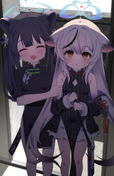  2girls :d :o ^_^ absurdres animal_ears black_dress black_hair blue_archive blue_halo blush china_dress chinese_clothes closed_eyes commentary_request dress grey_hair halo highres kokona_(blue_archive) multiple_girls open_mouth orange_eyes otakummm pelvic_curtain short_sleeves shun_(blue_archive) shun_(small)_(blue_archive) siblings sisters smile standing striped_clothes striped_dress vertical-striped_clothes vertical-striped_dress 