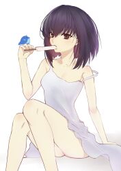  animal bare_shoulders bird bird_on_hand black_eyes black_hair blue_bird commentary_request dress female food food_in_mouth highres holding holding_food invisible_chair kuonji_alice looking_at_viewer lost_robin_rondo mahou_tsukai_no_yoru popsicle popsicle_in_mouth short_hair simple_background sitting sleeveless sleeveless_dress toomishou white_background white_dress 