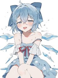  adapted_costume ahoge blue_bow blue_dress blue_eyes blue_hair bow cirno collarbone crossed_bangs dress female flying_sweatdrops hair_between_eyes hairbow highres hot ice ice_wings red_ribbon ribbon short_hair simple_background sitting solo sorani_(kaeru0768) strap_slip sweat tongue tongue_out touhou white_background wings 