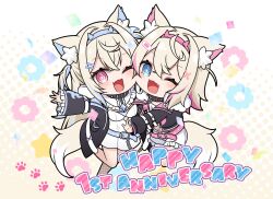  2girls ;d animal_ear_fluff animal_ears anniversary bandaid bandaid_hair_ornament belt belt_buckle black_collar black_jacket blue_belt blue_eyes blue_hair blue_hairband breasts brown_background buckle chains chibi collar commentary_request confetti crop_top dog_ears dog_girl dog_tail dress fake_horns fishnet_thighhighs fishnets frilled_shorts frilled_sleeves frills fur-trimmed_jacket fur_trim fuwawa_abyssgard fuwawa_abyssgard_(1st_costume) hair_between_eyes hair_ornament hairband hairclip halftone halftone_background happy_anniversary headphones headphones_around_neck highres hololive hololive_english horns jacket kadose_ara light_brown_hair long_hair medium_breasts mococo_abyssgard mococo_abyssgard_(1st_costume) multiple_girls oerba_yun_fang one_eye_closed open_clothes open_jacket pink_belt pink_eyes pink_hair pink_hairband shirt shorts siblings single_fishnet_legwear single_thighhigh sisters sleeves_past_wrists smile standing standing_on_one_leg tail thighhighs twins two_side_up very_long_hair virtual_youtuber white_background white_dress white_shirt white_shorts x_hair_ornament 