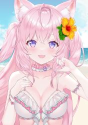  :d animal_ear_fluff animal_ears bikini blue_sky braid breasts cleavage cloud collarbone commentary_request day female flower frilled_bikini frills hair_flower hair_ornament hakui_koyori hands_up hibiscus highres hololive horizon lifting_own_clothes long_hair medium_breasts nail_polish ocean orange_flower outdoors pink_hair pink_nails purple_eyes sky smile solo strap_lift swimsuit tsukimochikuriko_(tsukimochi_k) two_side_up upper_body virtual_youtuber water white_bikini 