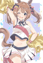  animal_ears arm_up armpits brown_eyes brown_hair cheerleader confetti female hair_between_eyes hair_ornament highres horse_ears horse_tail kannagiray looking_at_viewer midriff navel one_eye_closed pom_pom_(cheerleading) short_twintails simple_background smart_falcon_(umamusume) solo tail twintails umamusume 