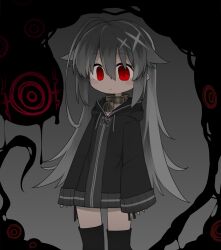  :&lt; ahoge arms_at_sides bell black_hoodie black_thighhighs closed_mouth collar cowboy_shot dark-skinned_female dark_skin darkness drawstring female gradient_background grey_background grey_hair hair_between_eyes hair_flaps hood hood_down hoodie huge_ahoge jingle_bell kisaragi_kaya long_hair long_sleeves metal_collar neck_bell original pointy_ears red_eyes side-tie_peek sleeves_past_wrists solo thighhighs yste zettai_ryouiki zipper_pull_tab 