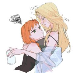  2girls anna_(frozen) black_bra blonde_hair blush bra braid breasts closed_mouth commentary_request contemporary elsa_(frozen) frozen_(disney) frozen_1022 head_on_chest hug incest korean_commentary korean_text large_breasts long_hair multiple_girls off_shoulder open_mouth orange_hair pout see-through see-through_shirt shirt siblings simple_background single_braid sisters squiggle strap_slip translation_request underwear upper_body white_background yuri 