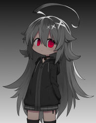  ahoge arms_behind_back black_hoodie black_thighhighs closed_mouth commentary_request cowboy_shot dark-skinned_female dark_skin deformed drawstring empty_eyes expressionless female gradient_background grey_background grey_hair hair_between_eyes hair_flaps hood hood_down hoodie huge_ahoge kisaragi_kaya long_hair long_sleeves looking_at_viewer original red_eyes side-tie_peek sleeves_past_wrists solo thighhighs very_long_hair yste zettai_ryouiki zipper_pull_tab 