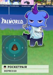  2024 2024_paris_olympics anthro biped blue_body bottomwear camera clothed clothing colored depresso english_text grass gun hair holding_object holding_weapon male number pal_(species) palworld pants plant pocketpair purple_eyes purple_hair ranged_weapon shirt solo standing tail target text text_on_clothing text_on_shirt text_on_topwear topwear unknown_artist weapon 