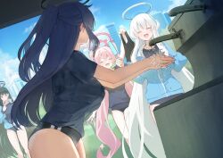  4girls absurdres alternate_costume black_buruma blue_archive buruma drinking_fountain gym_shirt gym_uniform halo highres koyuki_(blue_archive) mechanical_halo multiple_girls naseul_777 noa_(blue_archive) official_alternate_costume pink_halo shirt sink white_hair white_halo yuuka_(blue_archive) yuuka_(track)_(blue_archive) 