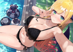  arm_up armpits bare_shoulders bat_tattoo bikini black_bikini black_nails blonde_hair blush breasts cleavage closed_mouth day dot_nose female gradient_hair green_eyes halterneck hand_up highres hololive lace-trimmed_bikini lace_trim large_breasts legs_together light_smile long_hair looking_at_viewer multi-strapped_bikini_top multicolored_hair nanaushi navel orange_hair outdoors outstretched_arm pointy_ears pool poolside selfie side-tie_bikini_bottom signature sitting smile solo stomach straight_hair string_bikini swim_ring swimsuit tattoo thighs v virtual_youtuber water yuzuki_choco 