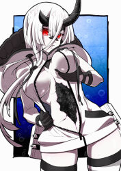  absurdres abyssal_ship air_bubble asymmetrical_horns black_gloves black_horns breasts breasts_day bubble colored_skin commentary_request covered_nipples cowboy_shot cracked_skin female gloves grabbing_own_breast hair_between_eyes heavy_cruiser_princess highres hood hooded_jacket horns jacket jin_(mugenjin) kantai_collection large_breasts looking_at_viewer mechanical_parts pale_skin partially_open_jacket partially_unzipped red_eyes skindentation solo thigh_strap uneven_horns white_hair white_skin 