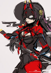  absurdres black_hair breasts cleavage dohna_dohna_issho_ni_warui_koto_o_shiyou female fox_mask gloves grey_background hair_ornament highres holding holding_sword holding_weapon katana large_breasts long_hair mask mibu_kikuchiyo parted_lips sao7 simple_background solo sword unfinished very_long_hair weapon 