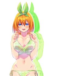  bikini bikini_top_pull blue_eyes blush breasts breasts_squeezed_together cleavage collarbone cowboy_shot female floral_print go-toubun_no_hanayome green_bikini green_ribbons hair_between_eyes hair_ribbon halftone hands_up highres large_breasts looking_at_viewer nakano_yotsuba navel open_mouth orange_hair print_bikini ribbon shadow shirt short_hair side-tie_bikini_bottom simple_background smile solo string_bikini swimsuit white_background white_shirt yu_(flowerbird3830) 