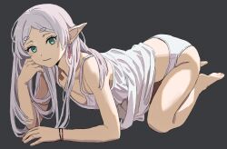  black_background bracelet earrings elf female frieren green_eyes highres jewelry long_hair looking_at_viewer panties pointy_ears shiren_(ourboy83) sousou_no_frieren underwear white_hair white_panties 