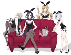  4girls alcohol animal_ears ascot asymmetrical_gloves black_footwear black_gloves black_hair black_leotard black_pantyhose blonde_hair blue_ascot blue_bow blue_bowtie blue_brooch blue_eyes blue_gemstone blush bow bowtie bucket bunny_day cat_ears cat_girl cat_tail champagne champagne_flute clorinde_(genshin_impact) commentary couch cross-laced_slit crossed_legs cup detached_collar drill_hair drinking_glass facial_mark fake_animal_ears fake_tail fold-over_gloves furina_(genshin_impact) gem genshin_impact glass_bottle gloves grey_eyes grey_hair hair_between_eyes hairband hashtag-only_commentary heterochromia high_heels holding holding_cup holding_hairband leotard light_brown_hair long_hair long_hair_between_eyes lynette_(genshin_impact) mismatched_gloves multiple_girls navia_(genshin_impact) on_couch one_eye_closed pantyhose playboy_bunny purple_eyes rabbit_ears rabbit_tail red_couch sena_ii short_hair simple_background sitting standing star_(symbol) star_facial_mark strapless strapless_leotard tail thigh_strap unworn_hairband very_long_hair white_background white_gloves white_wrist_cuffs wrist_cuffs 