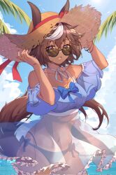  animal_ears black_bikini_bottom blue_dress breasts brown_hair cloud dark-skinned_female dark_skin dress female frilled_dress frills gold_necklace hat hat_ribbon highres horse_ears horse_girl horse_tail indie_virtual_youtuber jewelry multicolored_hair navel necklace ocean open_mouth palm_leaf red_nails red_ribbon ribbon second-party_source see-through see-through_dress short_hair sky solo sun_hat sundress sunglasses tail tomoe_umari tomoe_umari_(summer) tsukichan_(maynyan23) two-tone_hair virtual_youtuber white_hair yellow_eyes 