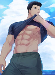  1boy 70_tabmk abs ao_isami bara bare_pectorals black_hair clothes_lift cloud cloudy_sky highres large_pectorals male_focus male_underwear male_underwear_peek muscular muscular_male navel nipples ocean outdoors pants pectorals shirt shirt_lift short_hair sky solo sweat t-shirt underwear yuuki_bakuhatsu_bang_bravern 