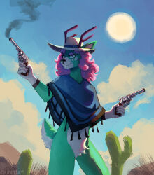  anthro cactus clothing cowboy cowboy_hat desert female gun gun_smoke handgun hat headgear headwear hi_res melonie_(melon_sweet_doe) painting_(artwork) plant pose quiietjay ranged_weapon revolver smoke solo weapon 