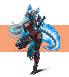  alternate_color animal_ears arm_armor armored_bodysuit armored_boots armored_leotard black_leotard blue_eyes blue_fire blue_hair bodystocking boots breasts cleavage cosplay covered_navel female fiery_ears fiery_tail fire goddess_of_victory:_nikke gradient_hair hair_between_eyes heretics_(nikke) highres horns indie_virtual_youtuber kimarislibran large_breasts leotard long_hair looking_at_viewer mechanical_tail multicolored_hair nihilister_(nikke) nihilister_(nikke)_(cosplay) see-through see-through_cleavage sinder_(vtuber) skeletal_tail solo standing streaked_hair tail torn_bodystocking torn_clothes two-tone_hair virtual_youtuber white_hair wolf_ears wolf_girl wolf_tail 