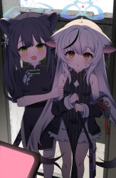  2girls :d :o absurdres animal_ears black_dress black_hair blue_archive blue_halo blush china_dress chinese_clothes commentary_request dress green_eyes grey_hair halo highres kokona_(blue_archive) looking_at_viewer multiple_girls open_mouth orange_eyes otakummm pelvic_curtain short_sleeves shun_(blue_archive) shun_(small)_(blue_archive) siblings sisters smile standing striped_clothes striped_dress vertical-striped_clothes vertical-striped_dress 