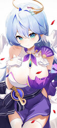  absurdres alternate_breast_size aqua_eyes bare_shoulders bead_bracelet beads blue_hair bracelet breasts cleavage collar collarbone commentary_request cowboy_shot detached_collar detached_sleeves dress earrings female gloves hair_between_eyes hair_intakes halo head_wings highres honkai:_star_rail honkai_(series) huge_breasts jewel_under_eye jewelry looking_at_viewer musical_note_ornament purple_collar purple_dress purple_sleeves red_petals robin_(honkai:_star_rail) simple_background smile solo thighs white_background white_gloves wings ziluolan_jia_de_mao 