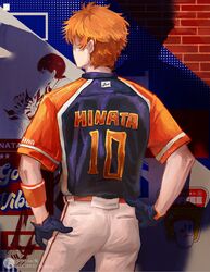  1boy ass baseball_uniform belt black_gloves black_shirt brick_wall commentary cowboy_shot food from_behind fruit gloves haikyuu!! hands_on_own_hips hashtag-only_commentary highres hinata_shouyou kageyama_tobio lofter_logo lofter_username male_focus orange_(fruit) orange_belt orange_hair orange_slice orange_wristband pants pocket poster_(object) shadow shirt short_hair short_sleeves solo sportswear tuuuuuututu white_pants 