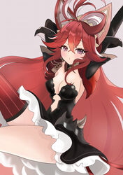  animal_ears arms_behind_head arms_up asymmetrical_legwear azur_lane black_dress blush breasts center_opening closed_mouth crossed_bangs dress fake_animal_ears female fleuret_(azur_lane) grey_background grey_eyes highres layered_dress long_hair looking_at_viewer medium_breasts multicolored_hair red_hair red_pupils red_thighhighs riku_amano1018 simple_background single_thighhigh solo streaked_hair thighhighs very_long_hair white_hair 