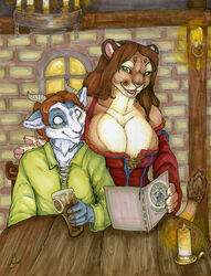  anthro beer_glass big_breasts bovid breasts candle caprine chair cleavage clothed clothing duo felid female furniture goat gravewalker horn lion male mammal medival menu open_mouth open_smile pantherine sitting smile table tavern torque 