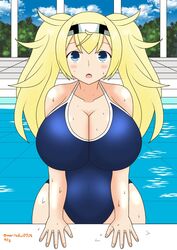  blonde_hair blue_eyes blue_one-piece_swimsuit blush breasts cleavage collarbone competition_school_swimsuit day female gambier_bay_(kancolle) hair_between_eyes hairband highres kantai_collection large_breasts long_hair looking_at_viewer moritaku0708 one-piece_swimsuit open_mouth pool school_swimsuit smile solo swimsuit twintails 