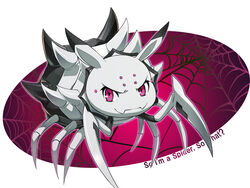  8_eyes 8_legs antennae_(anatomy) arachnid arthropod black_body copyright_name female feral full-length_portrait kumoko looking_at_viewer mouth_closed multi_eye multicolored_body nyoro00000000 pink_eyes portrait smile smiling_at_viewer smirk smirking_at_viewer so_i&#039;m_a_spider_so_what? solo spider spider_web spikes spikes_(anatomy) text three-quarter_view two_tone_body white_body 