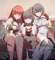  3girls absurdres bare_shoulders black_hair blunt_bangs blush breasts brown_eyes brown_hair china_dress chinese_clothes cleavage closed_mouth dress erika_(neural_cloud) flower garter_straps girls&#039;_frontline girls&#039;_frontline_neural_cloud gloves hair_between_eyes hair_flower hair_ornament heterochromia highres japanese_clothes jewelry kimie_(neural_cloud) kimono large_breasts long_hair looking_at_viewer monocle multiple_girls necklace official_alternate_costume open_mouth pearl_necklace red_eyes red_hair ribbon short_hair sidelocks sitting small_breasts smile thighhighs wan3051 xinghuan_(neural_cloud) 