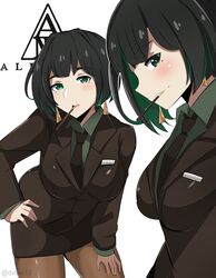  absurdres allmind_(armored_core_6) armored_core armored_core_6 artist_name black_hair black_necktie black_skirt blush breasts brown_pantyhose character_name colored_inner_hair dvljoe earrings female food green_eyes green_hair hand_on_own_hip hand_on_own_leg highres jewelry leaning_forward looking_at_viewer medium_breasts mole mole_under_eye mouth_hold multicolored_hair necktie pantyhose pencil_skirt pocky skirt 