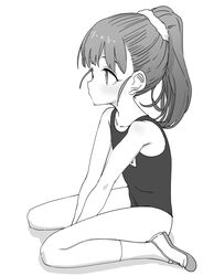  arms_between_legs bare_legs blush collarbone commentary_request female fukuyama_mai greyscale highres idolmaster idolmaster_cinderella_girls long_hair looking_ahead monochrome nishino_hikoji old_school_swimsuit ponytail school_swimsuit shoes simple_background sitting socks solo swimsuit uwabaki wariza white_background 