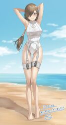  armpits arms_behind_head arms_up bare_arms bare_shoulders barefoot beach blue_eyes blue_sky blush breasts brown_hair cloud cloudy_sky commentary_request commission covered_navel female full_body garter_belt garter_straps hair_over_one_eye highres knife large_breasts long_hair looking_at_viewer low-tied_long_hair ocean official_alternate_costume official_alternate_hairstyle one-piece_swimsuit outdoors parted_lips rourou_ill sand skeb_commission sky smile solo standing swimsuit tales_of_(series) tales_of_the_abyss tear_grants tear_grants_(rental_beauty) thigh_gap turtleneck turtleneck_one-piece_swimsuit white_one-piece_swimsuit 