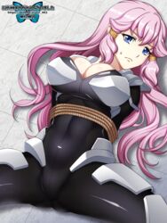  arms_behind_back black_bodysuit blue_eyes bodysuit bondage bondage bound breasts cleavage closed_mouth female highres kakumeiki_valvrave kakumeiki_valvrave:_undertaker large_breasts long_hair looking_at_viewer lying nervous on_back outa_nao pink_hair plugsuit rope skin_tight solo spread_legs urajiro443 