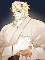  anthro asian_clothing astosis blonde_hair blue_eyes braided_hair clothing east_asian_clothing facial_hair felid fur hagio_graphy hair hi_res japanese_clothing kimono lifewonders lion live_a_hero male mammal pantherine pawpads solo white_body white_fur 