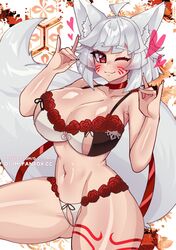  animal_ears breasts choker crush_crush facial_tattoo fox_ears fox_girl fox_tail heart highres huge_breasts kitsune leg_tattoo lingerie navel osiimi red_eyes suzu_(crush_crush) tail tattoo thick_thighs thighs underwear white_hair 