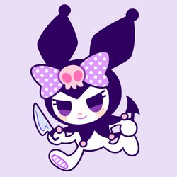  2019 anthro big_bow biped blush blush_stickers bone bow_accessory chibi eyelashes feet female holding_knife holding_object knife kuromi lagomorph leporid mammal nekozneko onegai_my_melody pastel_theme pawpads purple_theme rabbit sanrio skull skull_bow solo spade_tail spotted_bow tail walking white_body 