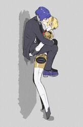  1boy aegis_(persona) against_wall android assertive_female blonde_hair female gekkoukan_high_school_uniform grey_background highres joints kissing lifting_person light_blush persona persona_3 robot_ears robot_girl robot_joints roviahc school_uniform short_hair simple_background yuuki_makoto_(persona_3) 