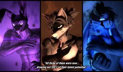  2024 3d_(artwork) 5_fingers abs abstract_background absurd_res anthro arm_tattoo arm_warmers armwear black_body black_fur black_hair blue_body blue_eyes blue_fur canid canine chest_tattoo clothing dialogue digital_media_(artwork) domi_(domibun) domibun dominic_(domibun) english_text female fingers fox fur grey_body grey_eyes grey_fur grey_hair group hair hi_res jujutsu_kaisen kanagawa_(domibun) lagomorph leporid long_ears looking_at_viewer male mammal multicolored_body multicolored_fur muscular muscular_anthro muscular_male pecs purple_eyes rabbit scar shirt short_hair smile source_filmmaker_(artwork) tank_top tattoo text tongue tongue_out topwear trio two_tone_body two_tone_fur warfare_machine 