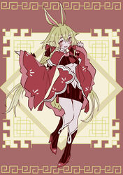  animal_ears blonde_hair blush breasts brown_dust_2 chinese_clothes dress female full_body hair_between_eyes hair_ribbon high_heels highres large_breasts liatris_(brown_dust) long_hair looking_at_viewer navel rabbit_ears rabbit_girl red_background red_dress red_eyes red_footwear red_ribbon red_socks ribbon smile socks solo standing standing_on_one_leg striped_clothes striped_socks tn_scallion twintails underboob very_long_hair wide_sleeves 