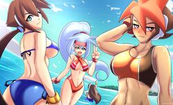  3girls aile_(mega_man_zx) arm_behind_head ashe_(mega_man) atlas_(mega_man) axasempai bikini blue_bikini blue_hair blush breasts brown_bikini brown_hair collarbone english_commentary green_eyes hair_between_eyes highres island large_breasts long_hair mega_man_(series) mega_man_x_(series) mega_man_x_dive mega_man_zx mega_man_zx_advent multicolored_hair multiple_girls navel ocean orange_bikini orange_hair ponytail red_bikini red_eyes robot_ears short_hair side-tie_bikini_bottom swimsuit two-tone_bikini v vent_(mega_man) 